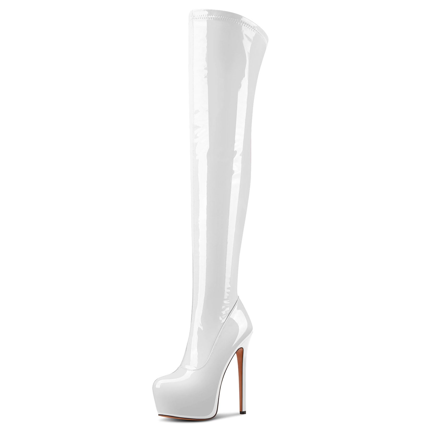 Aachcol Patent Leather Over The Knee Stiletto Boots Platform Thigh High Boots Round Toe Side Zipper Sexy Dress High Heel Boots 5.9 Inches Heels