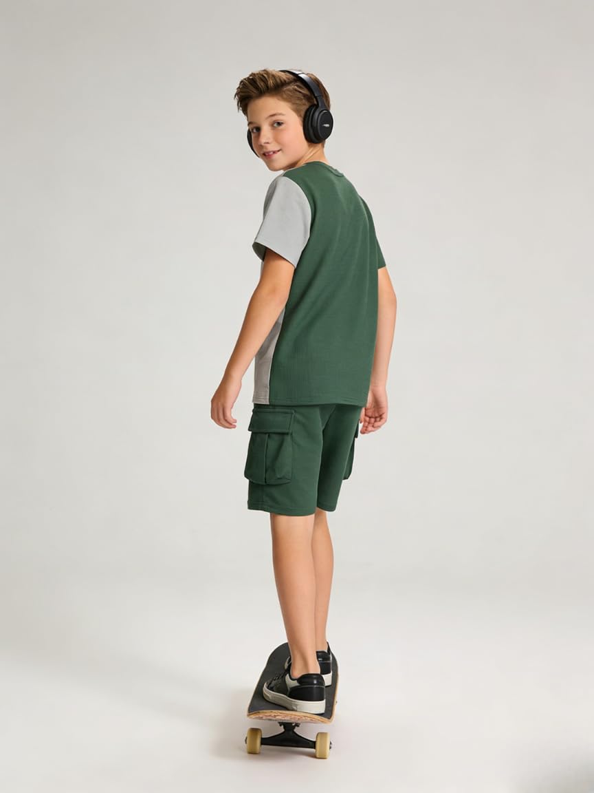 Azmxynol Tween Boys Clothes Daily Casual Short Sleeve Top + Cargo Shorts 2 Pieces Outfit Set, Size 6-14 Years