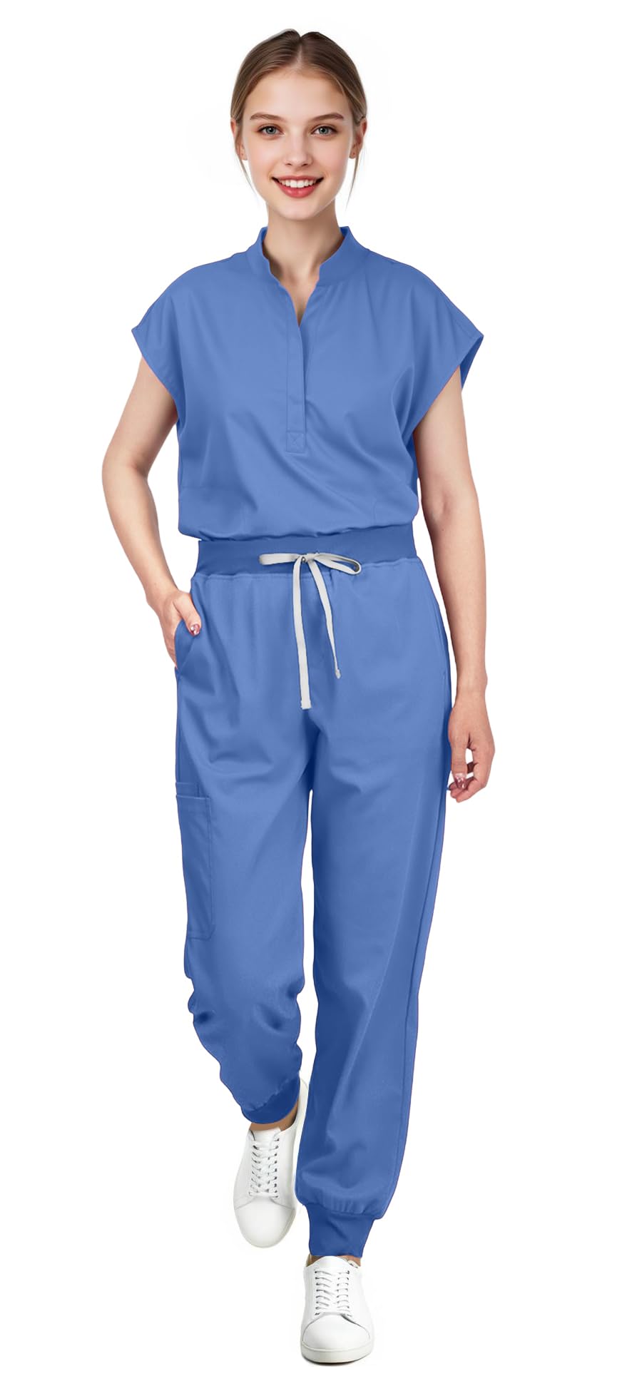 Scrubs for Women Set - Sleeveless Stand-Up Collar Scrub Top and Tapered Jogger Pants, 8-Pocket Work Uniform
