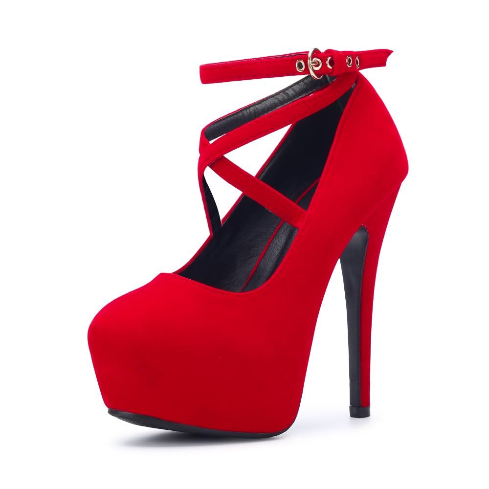 OCHENTA Women's Ankle Strap Platform Pumps, High Heel Dress Shoes, Cross Strap Stiletto Heels for Party, Prom, Wedding, Evening 5.5Inch