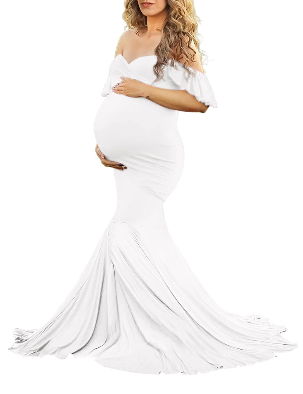 Saslax Off Shoulder Ruffle Sleeves Elegant Fitted Maxi Maternity Dress for Photoshoot Baby Shower