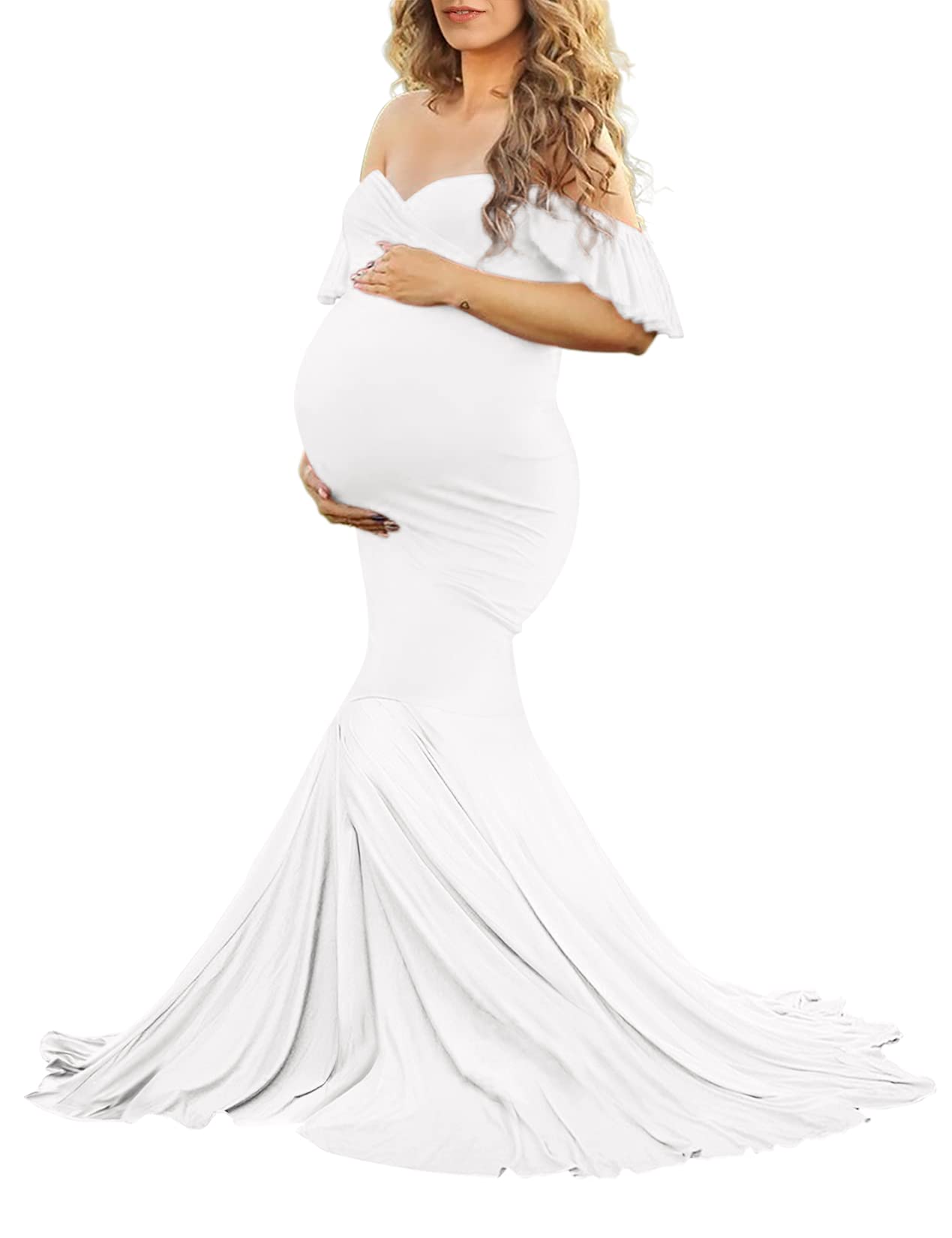 Saslax Off Shoulder Ruffle Sleeves Elegant Fitted Maxi Maternity Dress for Photoshoot Baby Shower