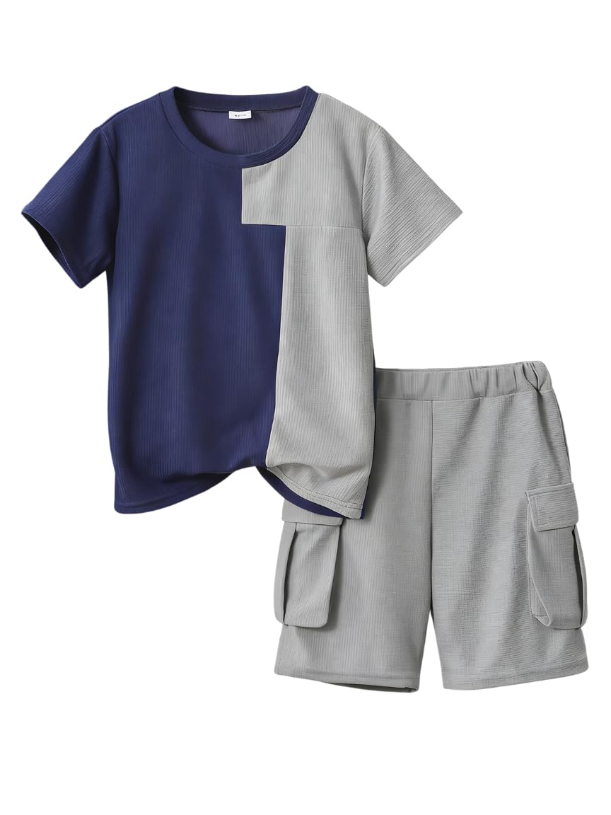 Azmxynol Tween Boys Clothes Daily Casual Short Sleeve Top + Cargo Shorts 2 Pieces Outfit Set, Size 6-14 Years