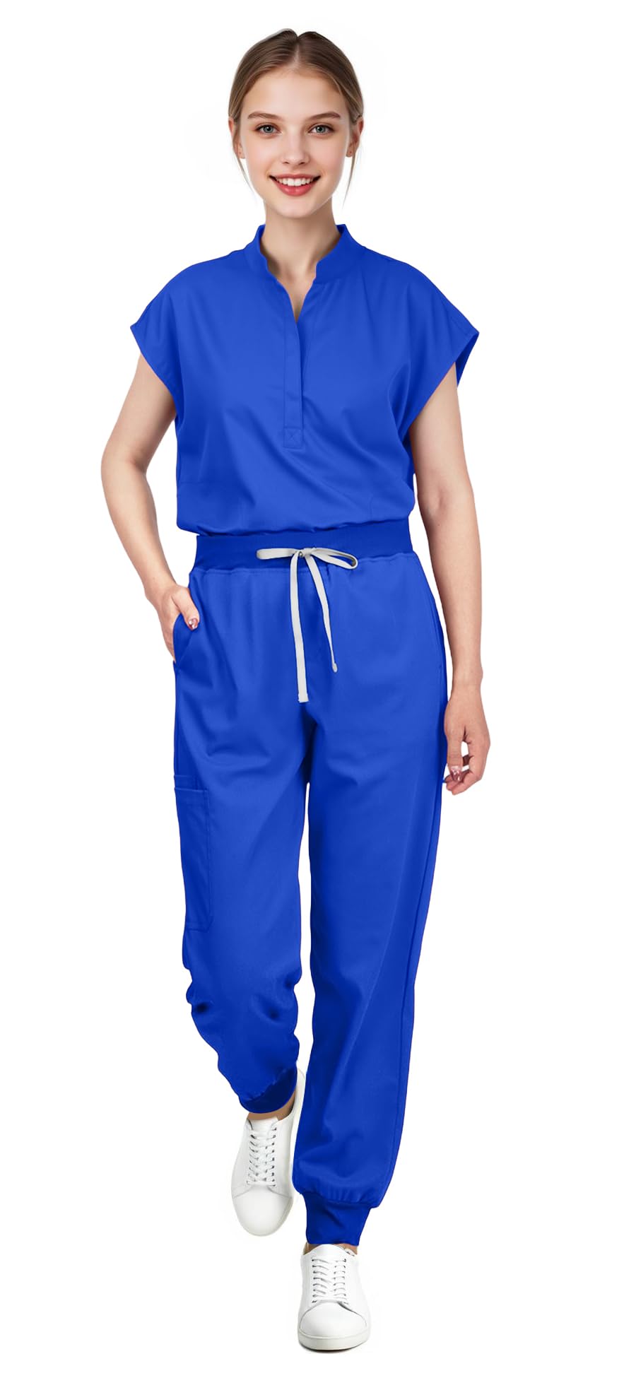Scrubs for Women Set - Sleeveless Stand-Up Collar Scrub Top and Tapered Jogger Pants, 8-Pocket Work Uniform