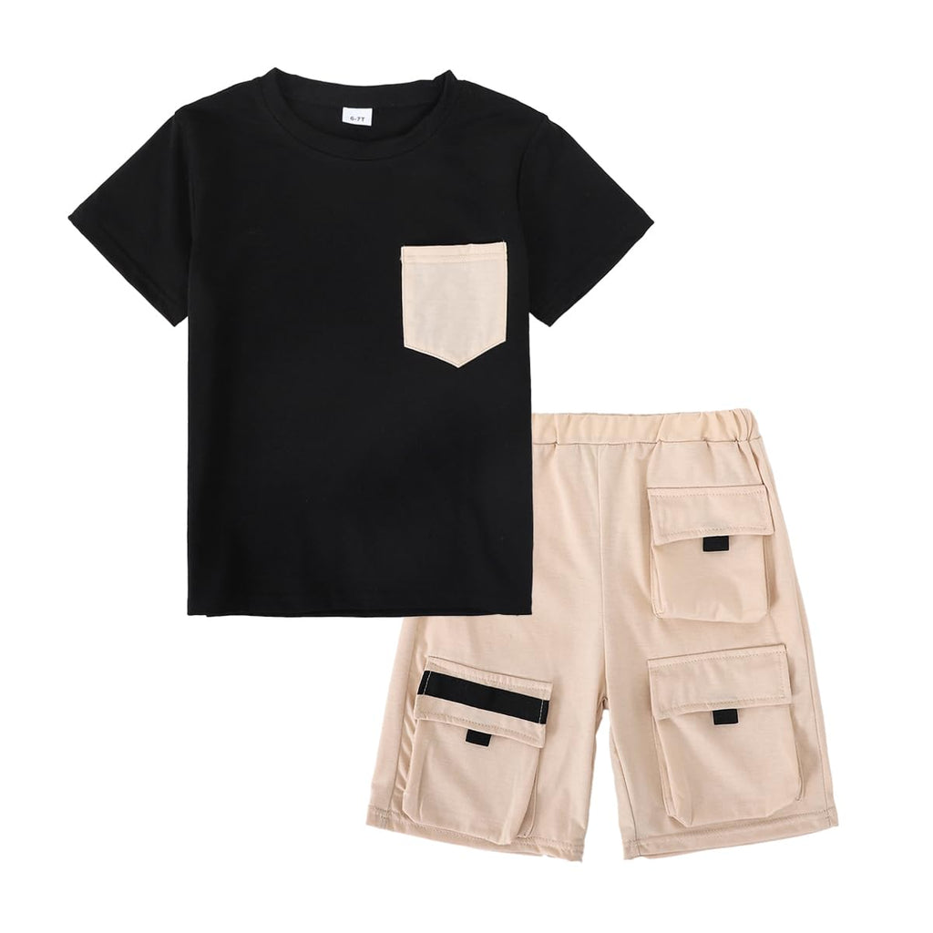 Azmxynol Tween Boys Clothes Daily Casual Short Sleeve Top + Cargo Shorts 2 Pieces Outfit Set, Size 6-14 Years
