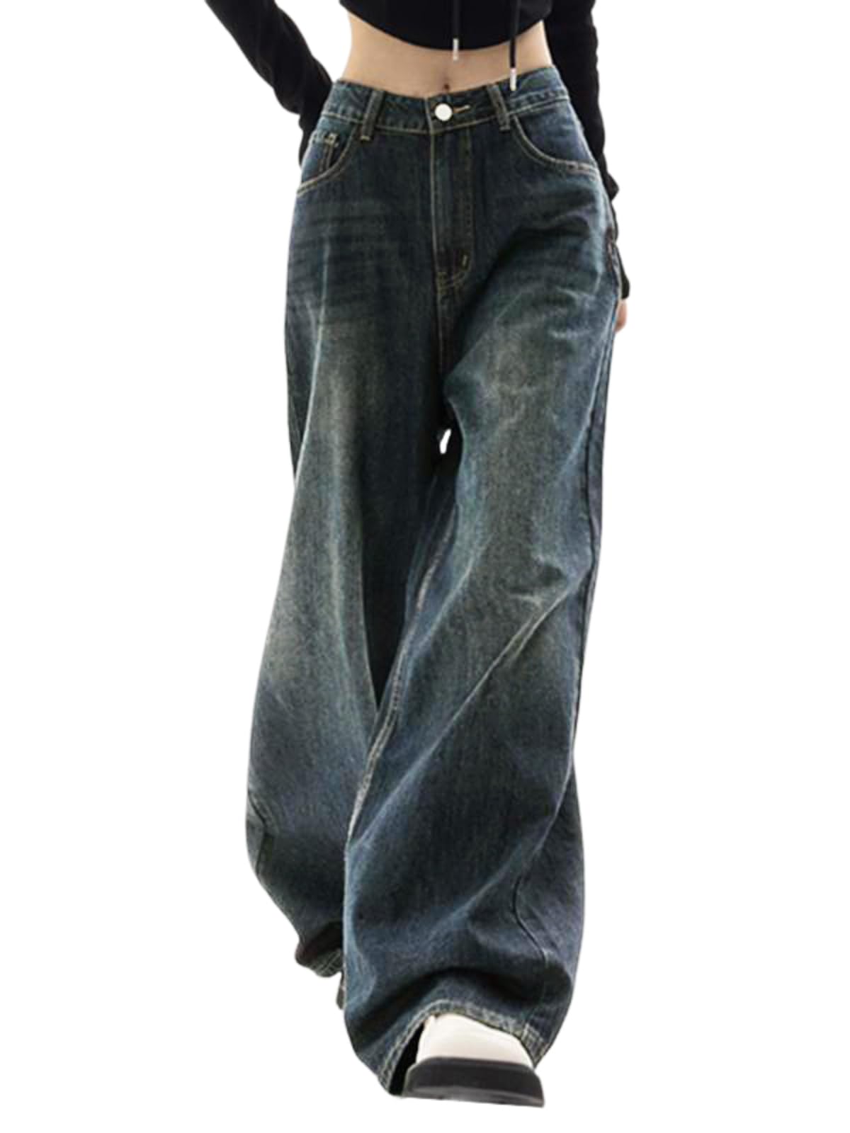 EMMIOL Women Baggy Jeans Mid-Low Waist Boyfriend Streetwear Vintage Jeans Wide Leg Denim Pants