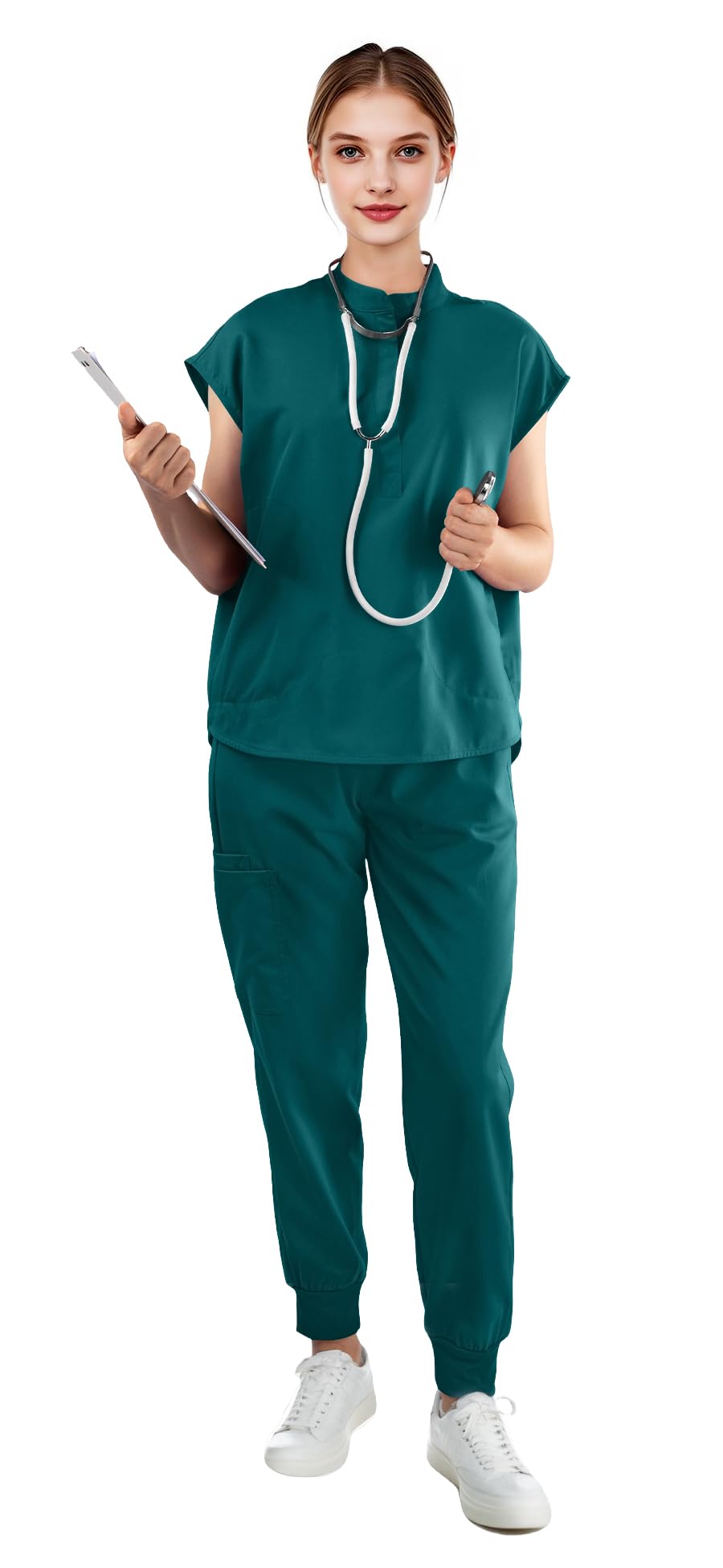 Scrubs for Women Set - Sleeveless Stand-Up Collar Scrub Top and Tapered Jogger Pants, 8-Pocket Work Uniform