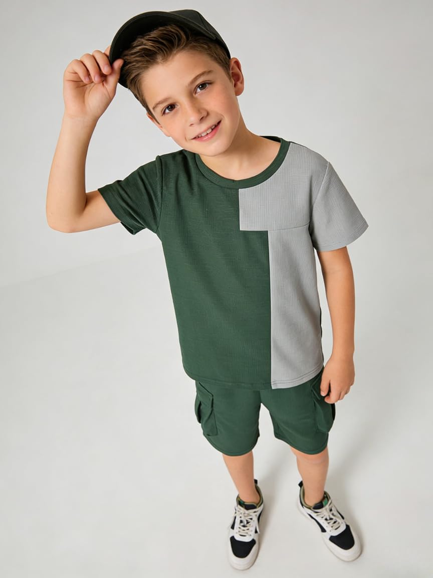 Azmxynol Tween Boys Clothes Daily Casual Short Sleeve Top + Cargo Shorts 2 Pieces Outfit Set, Size 6-14 Years