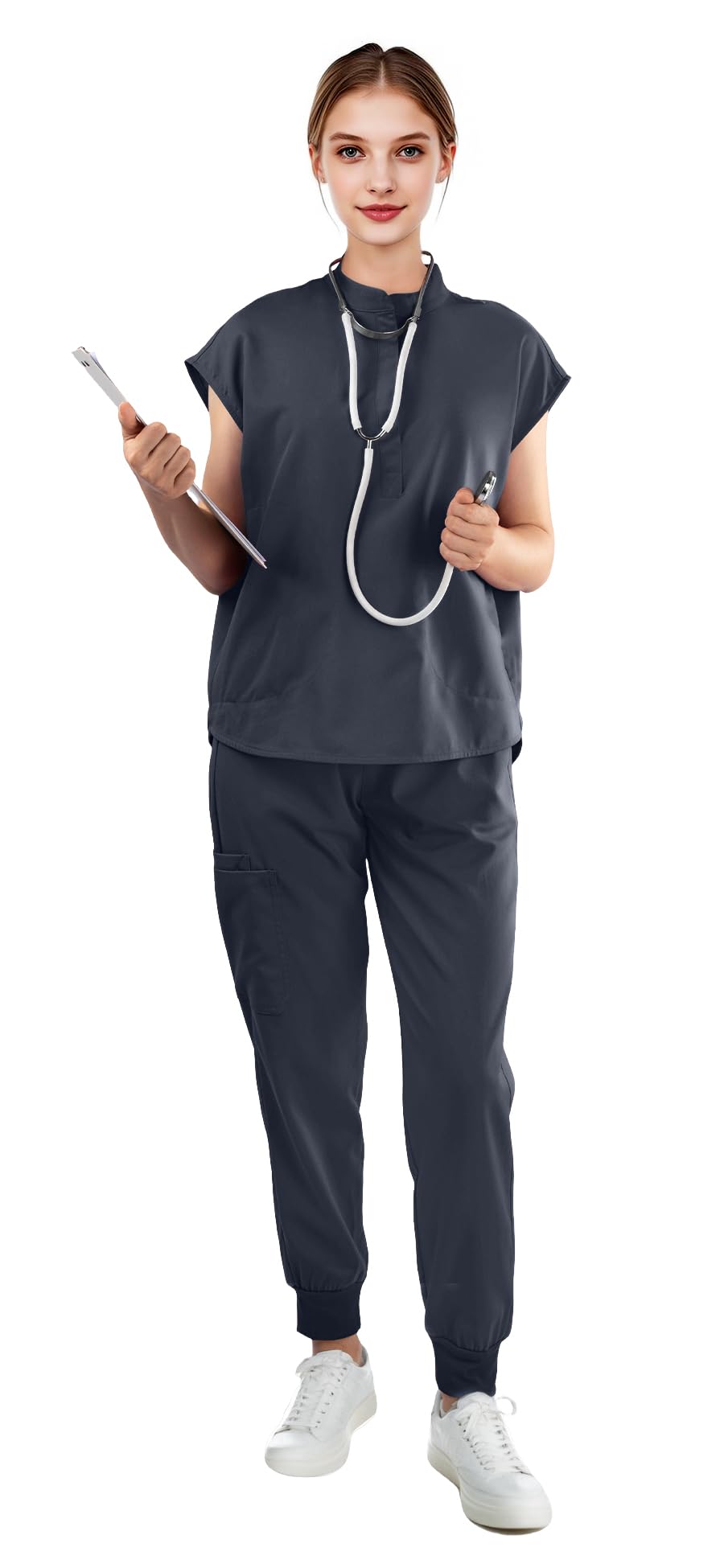 Scrubs for Women Set - Sleeveless Stand-Up Collar Scrub Top and Tapered Jogger Pants, 8-Pocket Work Uniform