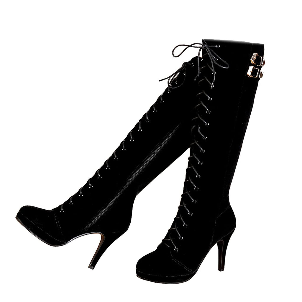 getmorebeauty Womens Knee High Boots Suede Buckle Rock Lace Up Zipped Thigh High Heel Boots