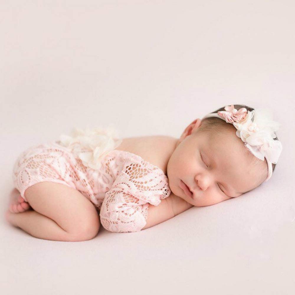 Newborn Lace Romper, 2 PCS Baby Girl Photography Props, Newborn Girl Photography Outfits with Flower Headband for Infants