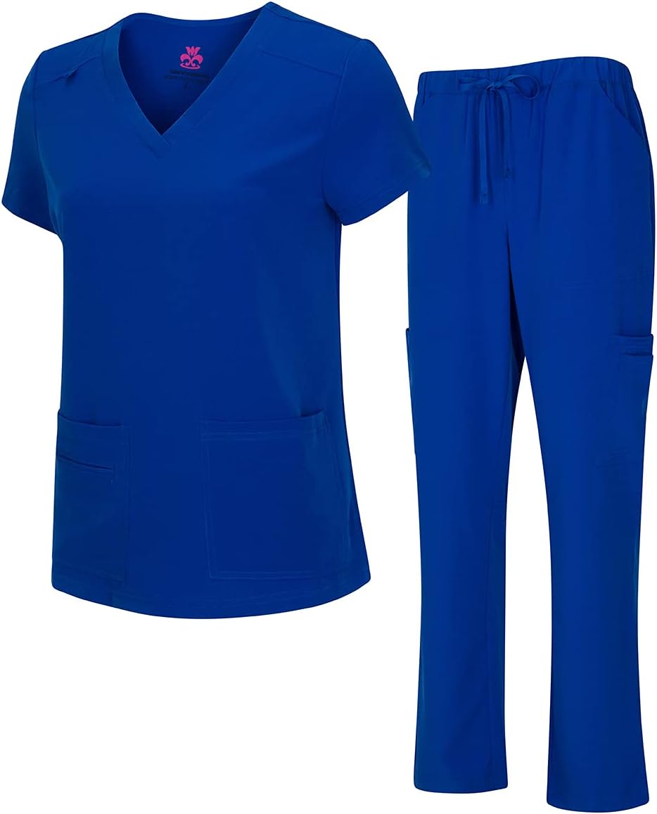 Natural Uniforms Women's Cool Stretch V-Neck Top and Cargo Pant Scrub Set with Regular and Petite Sizes