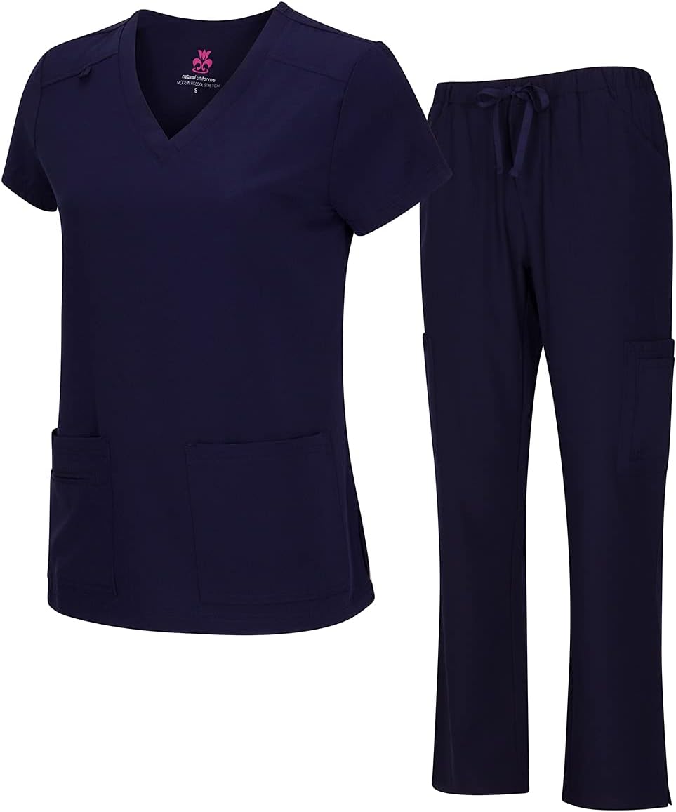 Natural Uniforms Women's Cool Stretch V-Neck Top and Cargo Pant Scrub Set with Regular and Petite Sizes