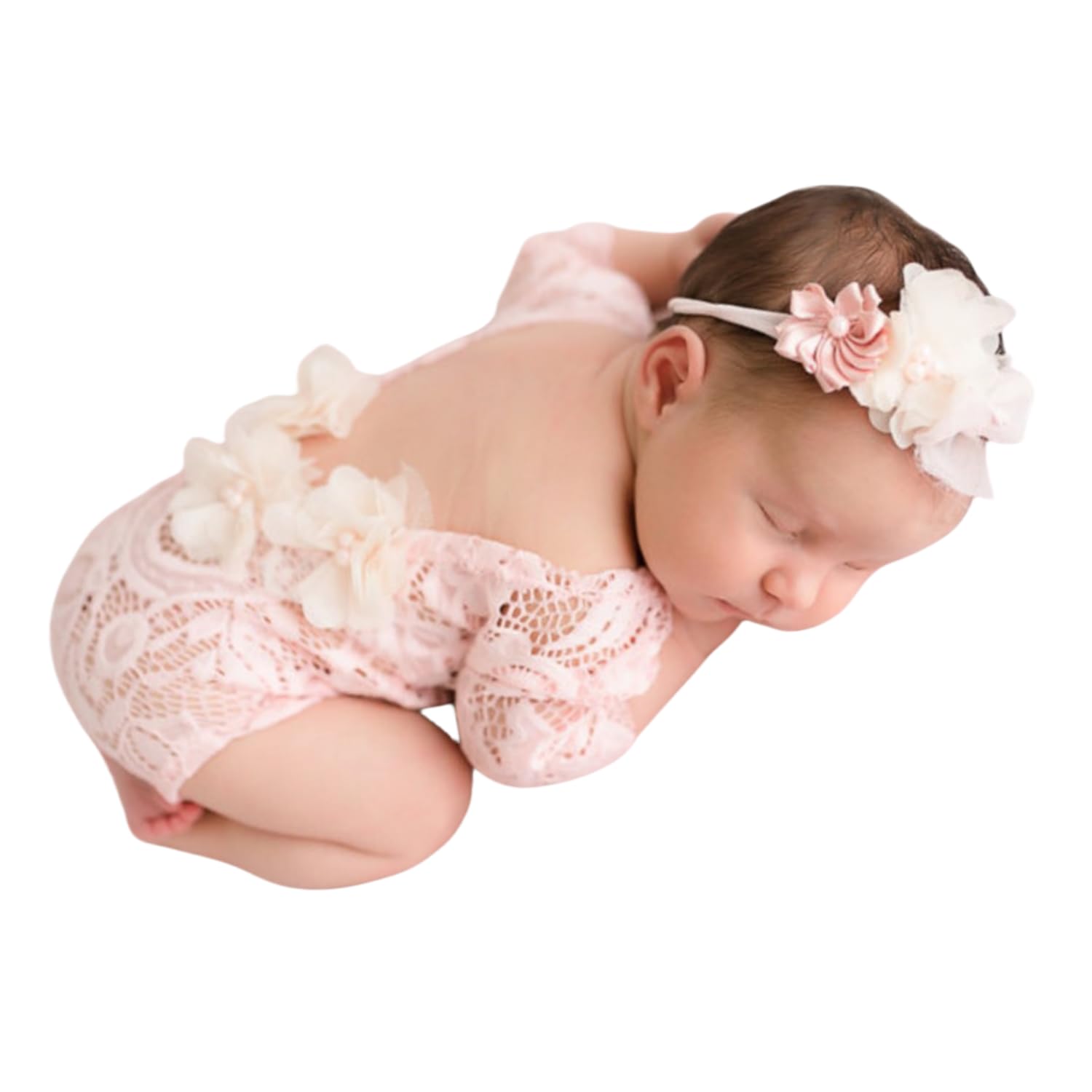 Newborn Lace Romper, 2 PCS Baby Girl Photography Props, Newborn Girl Photography Outfits with Flower Headband for Infants
