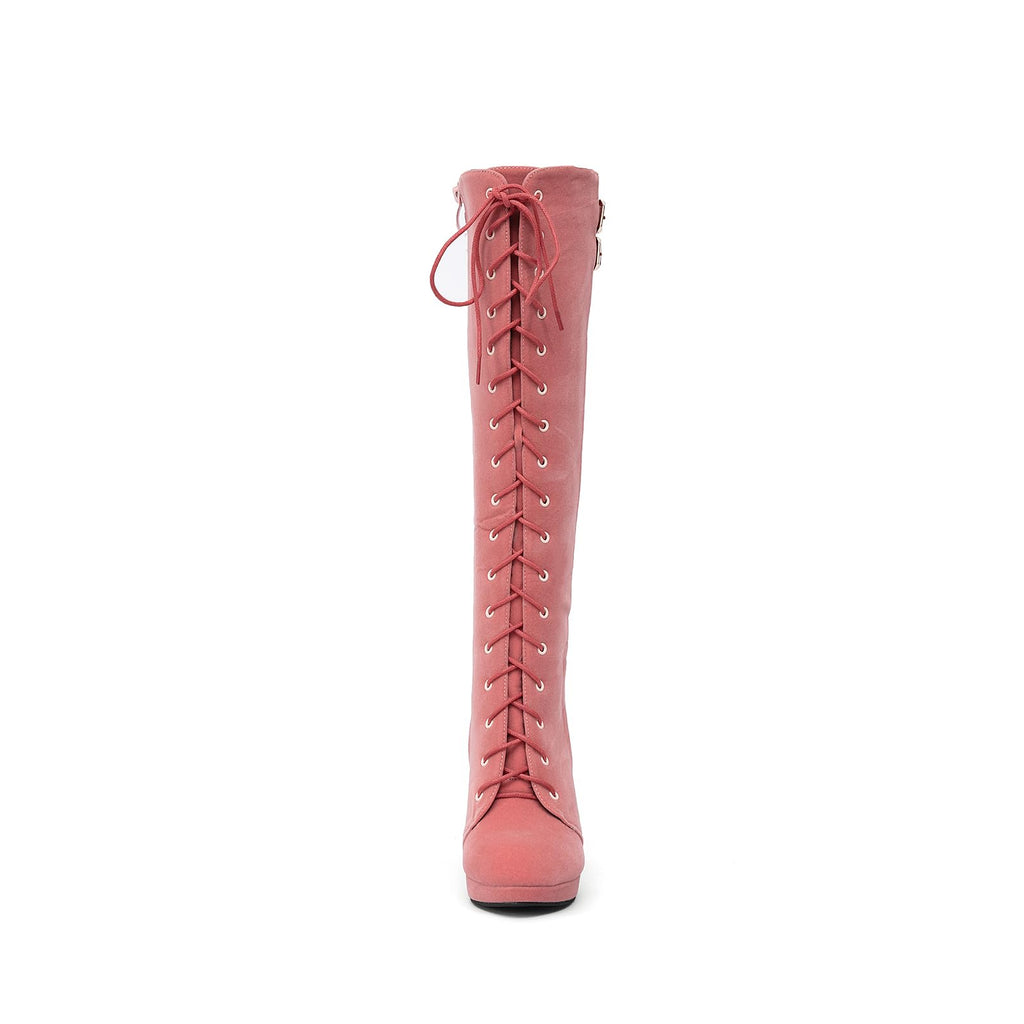 getmorebeauty Womens Knee High Boots Suede Buckle Rock Lace Up Zipped Thigh High Heel Boots