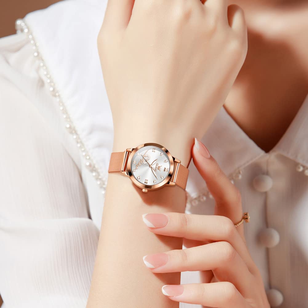 OLEVS Rose Gold Watch for Women Mesh Strap Fashion Dress Hearts Japanese Quartz Waterproof Luminous Ladies Watches Bracelet Sets