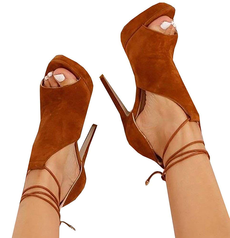 Womens Peep Toe Platform Heels Sexy Sandals Strappy Lace Up Tie Stilettos Dress Pumps Shoes