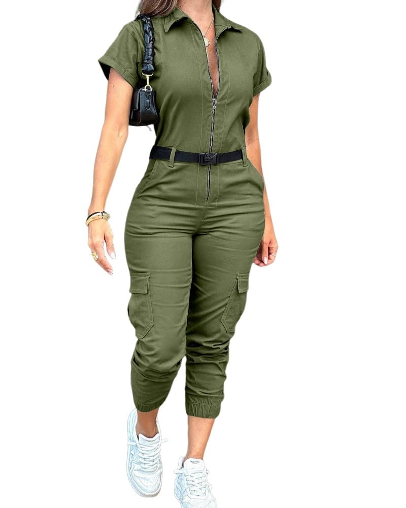 CHICME Women's Short Sleeve Jumpsuit Turn Down Collar Casual Zip Up Jumpsuits Pocket Design Cargo Romper