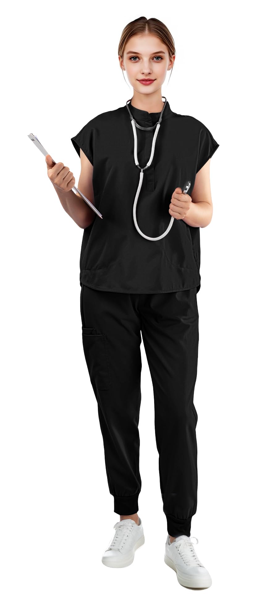 Scrubs for Women Set - Sleeveless Stand-Up Collar Scrub Top and Tapered Jogger Pants, 8-Pocket Work Uniform