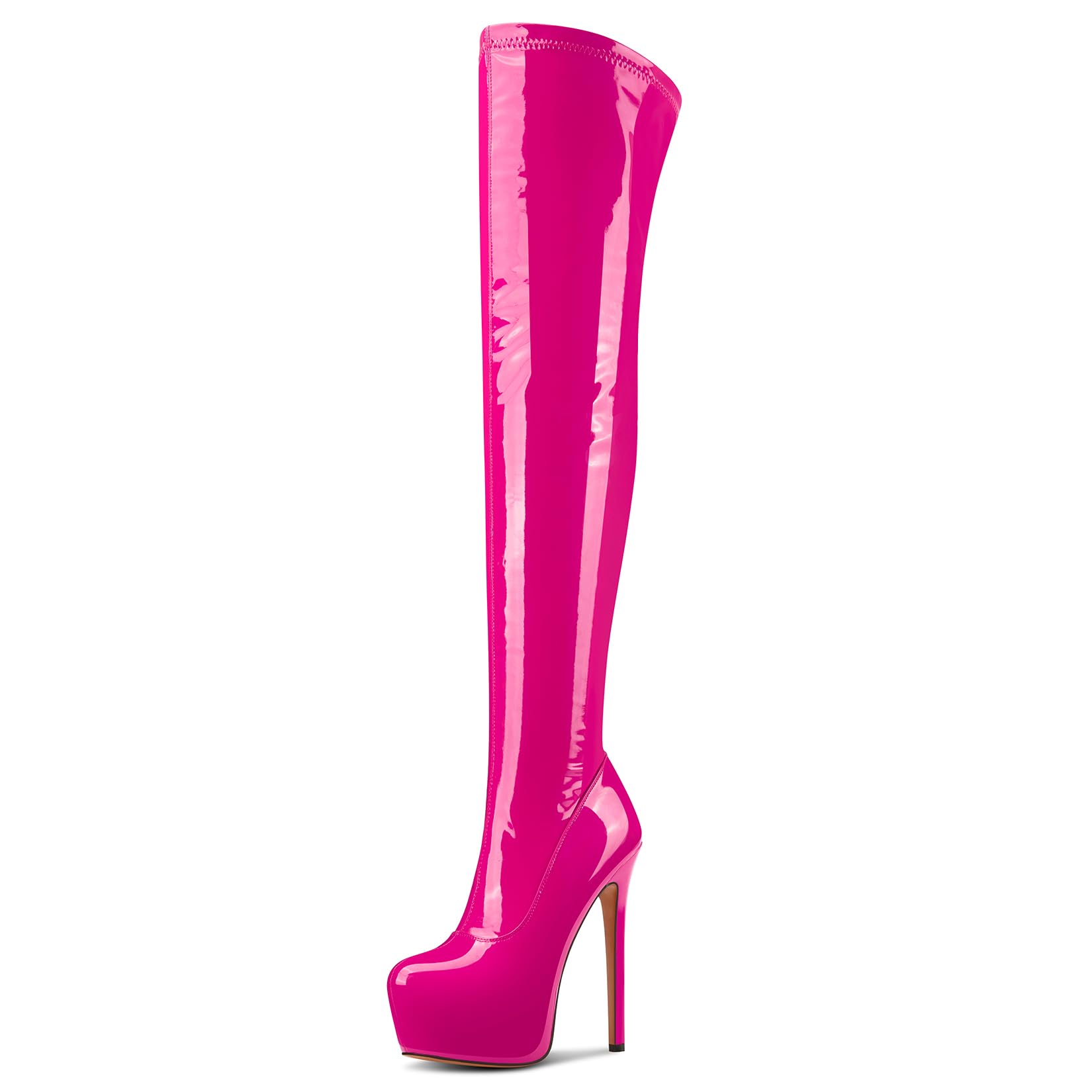 Aachcol Patent Leather Over The Knee Stiletto Boots Platform Thigh High Boots Round Toe Side Zipper Sexy Dress High Heel Boots 5.9 Inches Heels