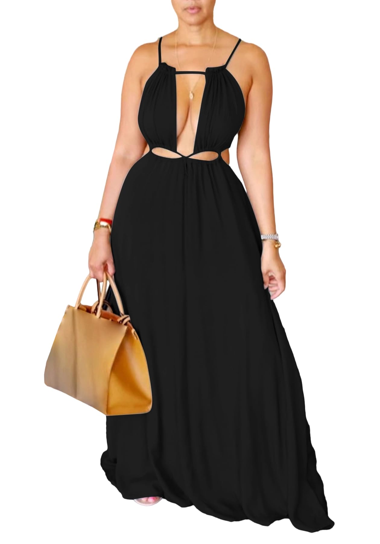 Geulis 2026 Women Summer Beach Dresses Sexy Cut Out Sleeveless Spaghetti Strap Halter Dress Flowy Maxi Vacation Dress