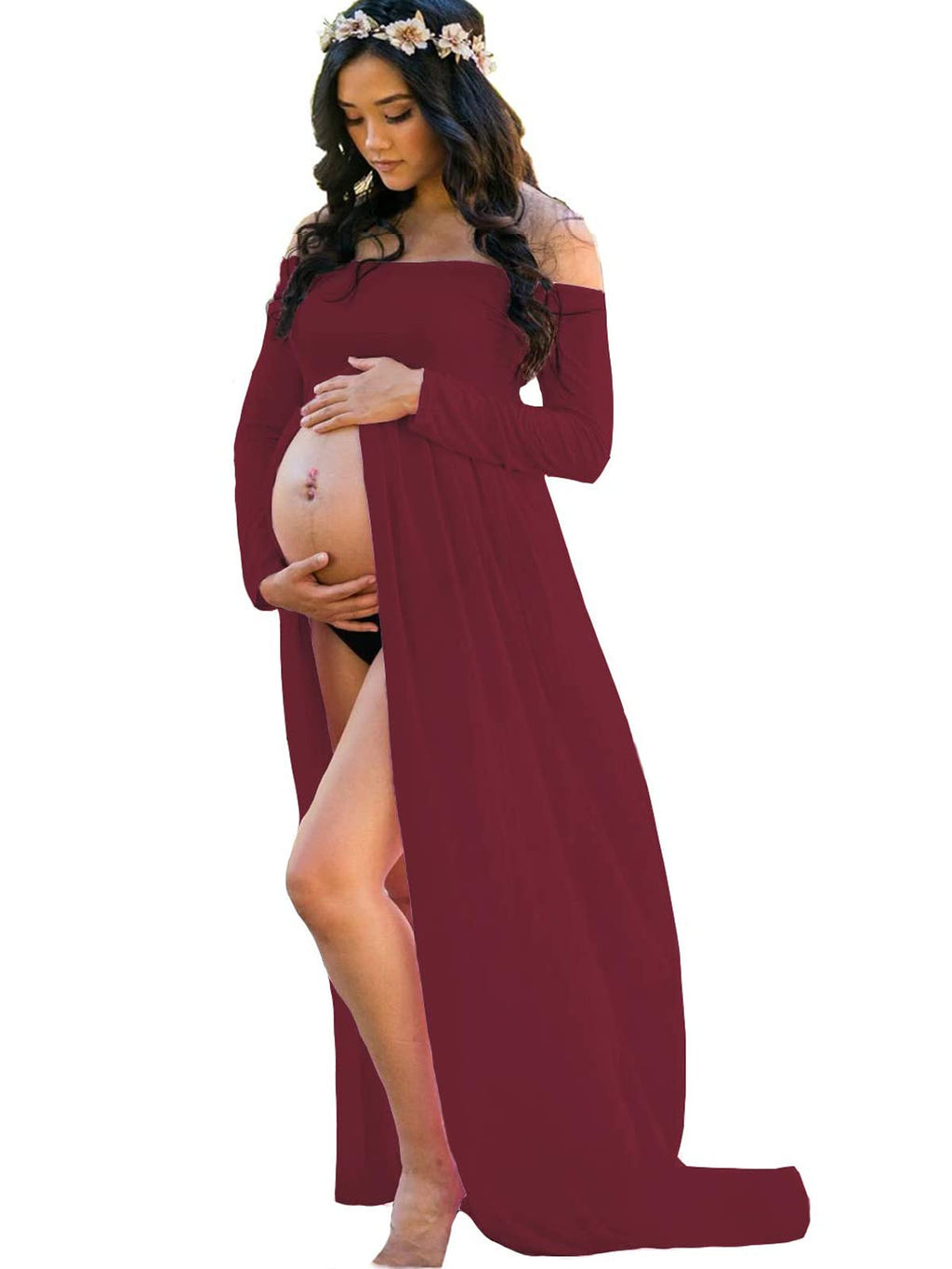 YnimioAOX Women's Off Shoulder Long Sleeve Maternity Dress for Photography Chiffon Maternity Gown for Photoshoot