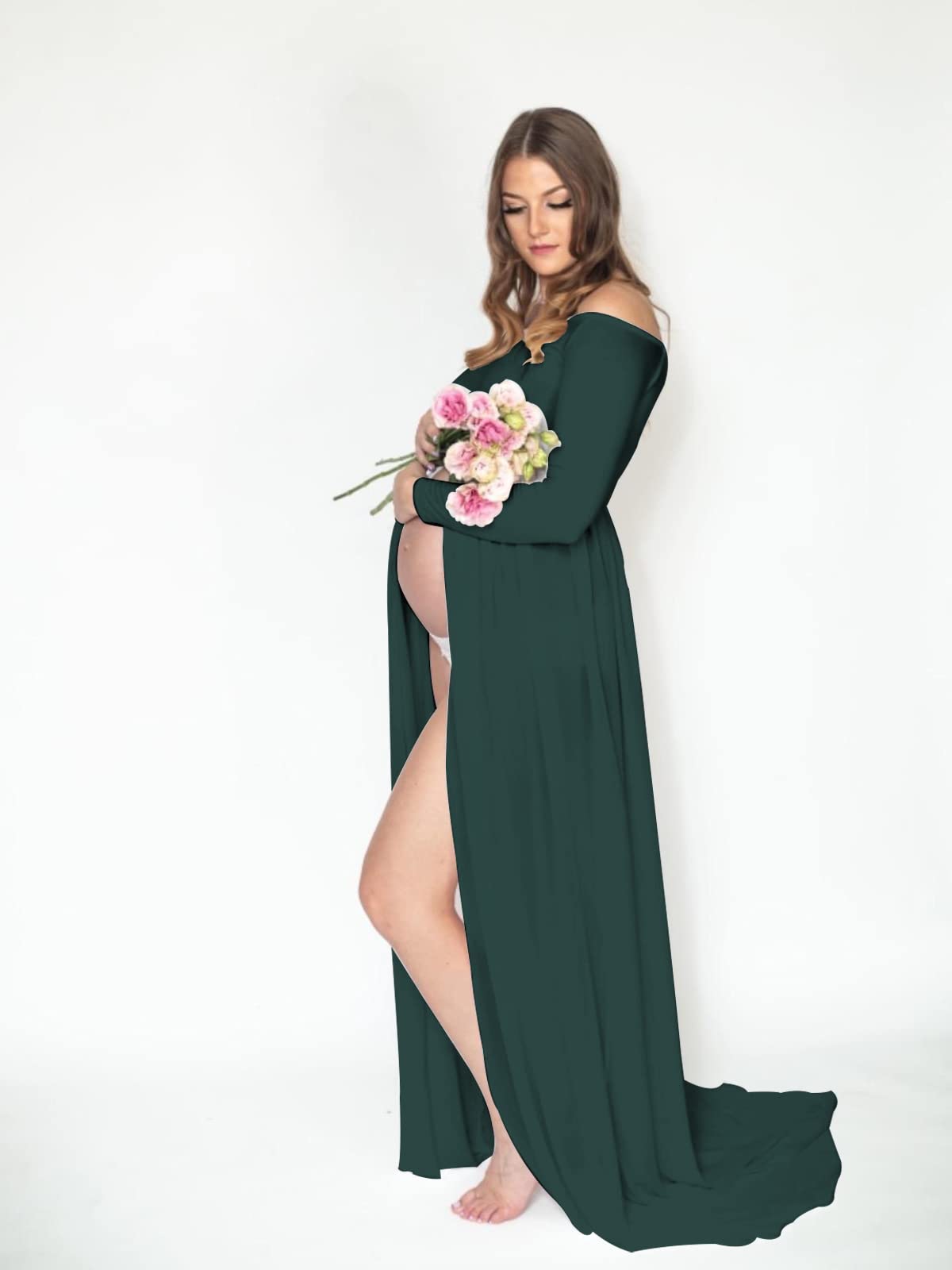 YnimioAOX Women's Off Shoulder Long Sleeve Maternity Dress for Photography Chiffon Maternity Gown for Photoshoot