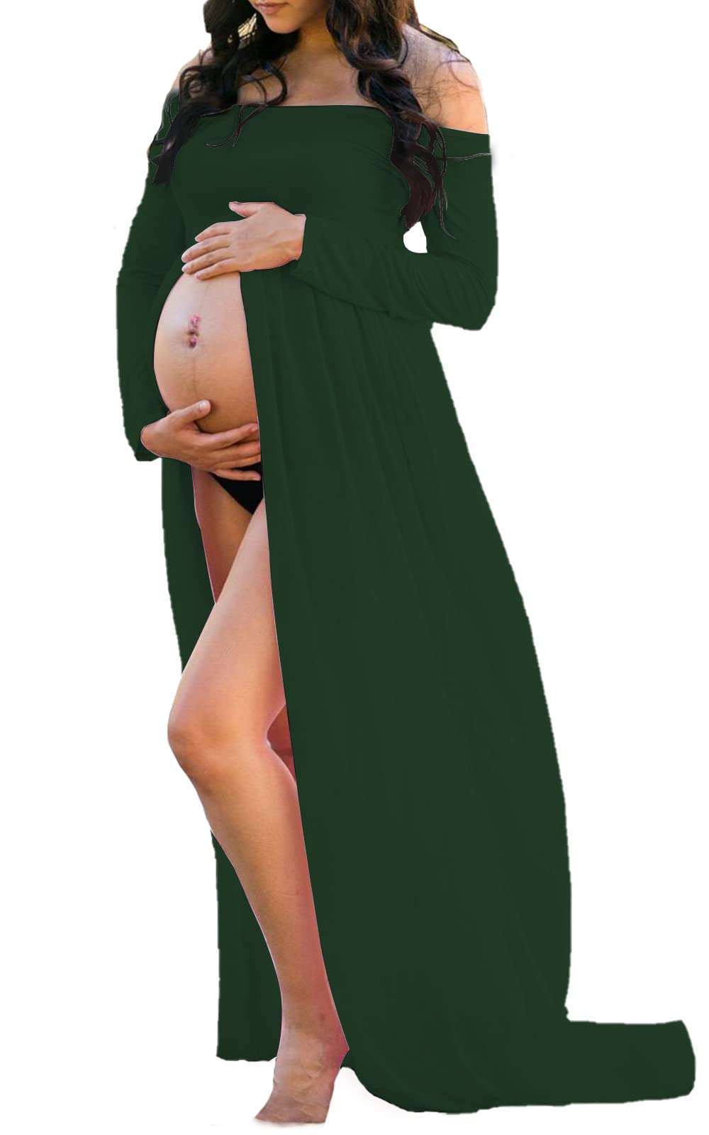 Mommy Jennie Maternity Dress Off Shoulder Long Sleeve Split Front Chiffon Gown for Photoshoot