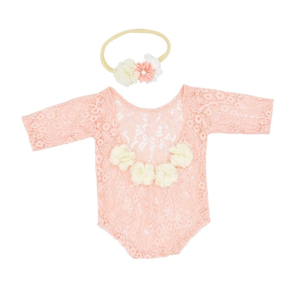 Newborn Lace Romper, 2 PCS Baby Girl Photography Props, Newborn Girl Photography Outfits with Flower Headband for Infants
