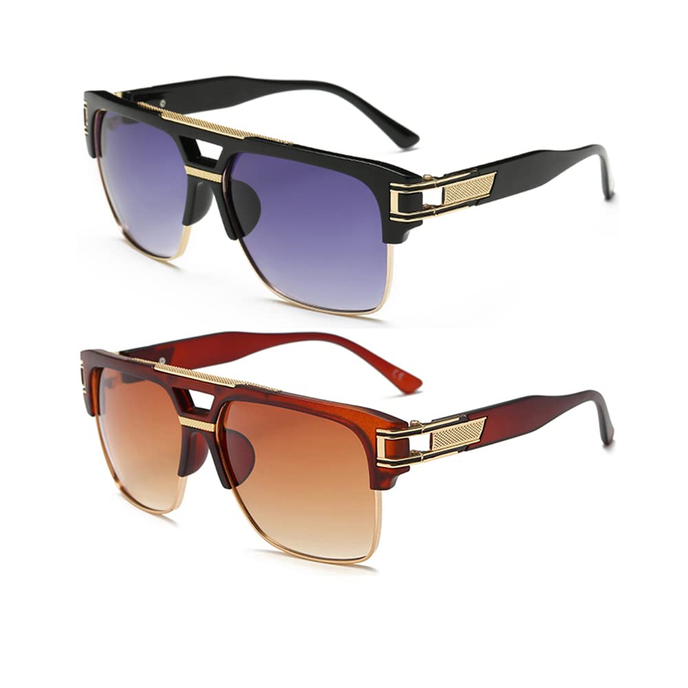 Dollger Square Sunglasses for Men Classic Oversized Sun Glasses Retro Semi Rimless Gold Alloy Frame UV400