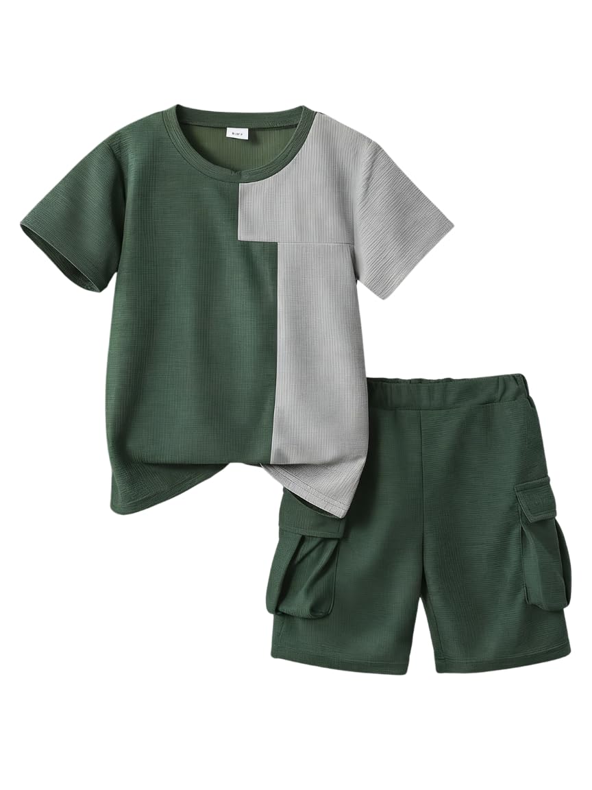 Azmxynol Tween Boys Clothes Daily Casual Short Sleeve Top + Cargo Shorts 2 Pieces Outfit Set, Size 6-14 Years