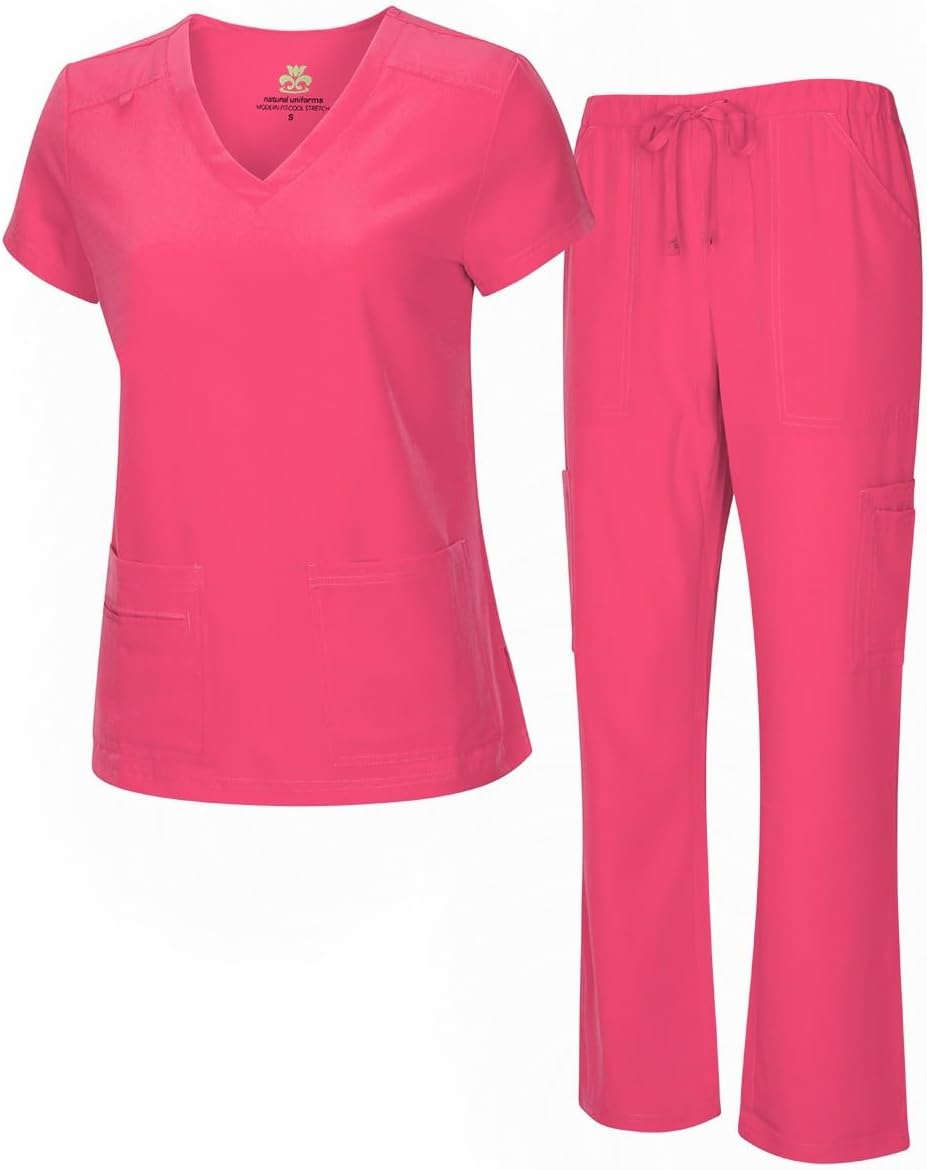 Natural Uniforms Women's Cool Stretch V-Neck Top and Cargo Pant Scrub Set with Regular and Petite Sizes
