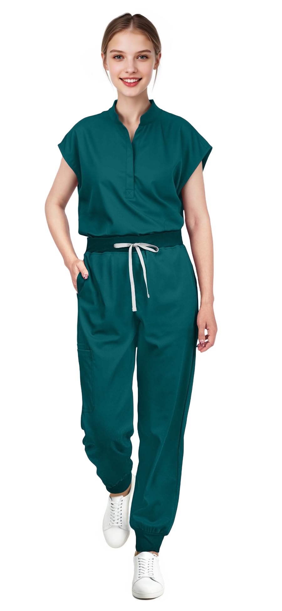 Scrubs for Women Set - Sleeveless Stand-Up Collar Scrub Top and Tapered Jogger Pants, 8-Pocket Work Uniform