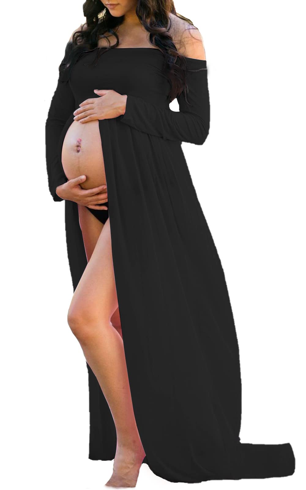 Mommy Jennie Maternity Dress Off Shoulder Long Sleeve Split Front Chiffon Gown for Photoshoot