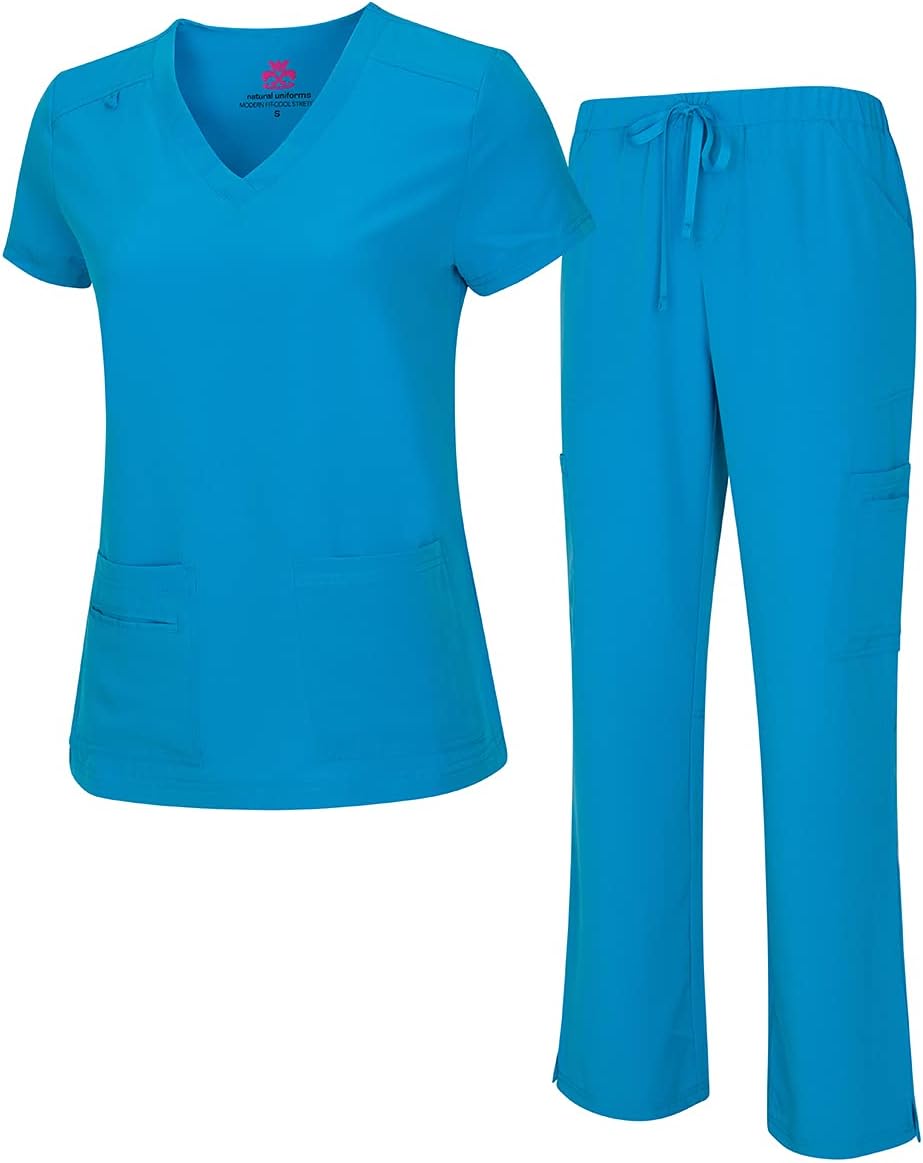 Natural Uniforms Women's Cool Stretch V-Neck Top and Cargo Pant Scrub Set with Regular and Petite Sizes