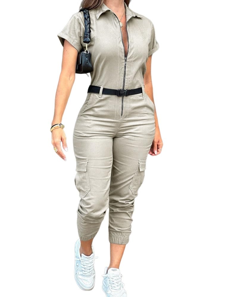 CHICME Women's Short Sleeve Jumpsuit Turn Down Collar Casual Zip Up Jumpsuits Pocket Design Cargo Romper