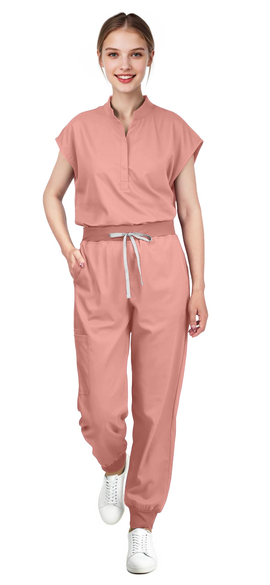 Scrubs for Women Set - Sleeveless Stand-Up Collar Scrub Top and Tapered Jogger Pants, 8-Pocket Work Uniform
