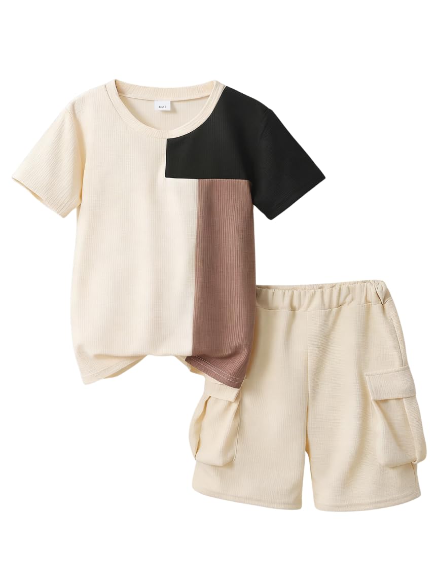 Azmxynol Tween Boys Clothes Daily Casual Short Sleeve Top + Cargo Shorts 2 Pieces Outfit Set, Size 6-14 Years