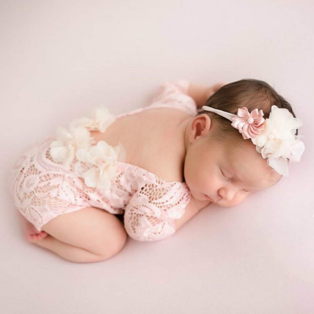 Newborn Lace Romper, 2 PCS Baby Girl Photography Props, Newborn Girl Photography Outfits with Flower Headband for Infants