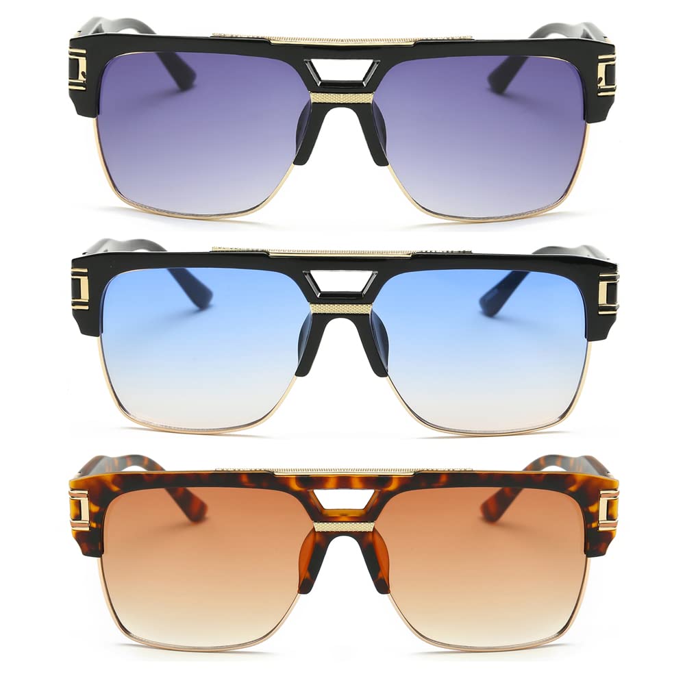 Dollger Square Sunglasses for Men Classic Oversized Sun Glasses Retro Semi Rimless Gold Alloy Frame UV400