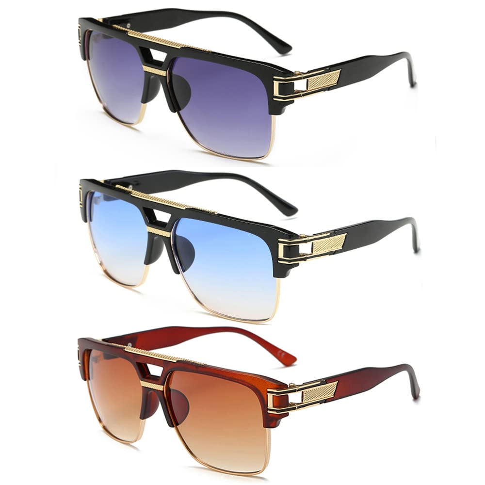 Dollger Square Sunglasses for Men Classic Oversized Sun Glasses Retro Semi Rimless Gold Alloy Frame UV400