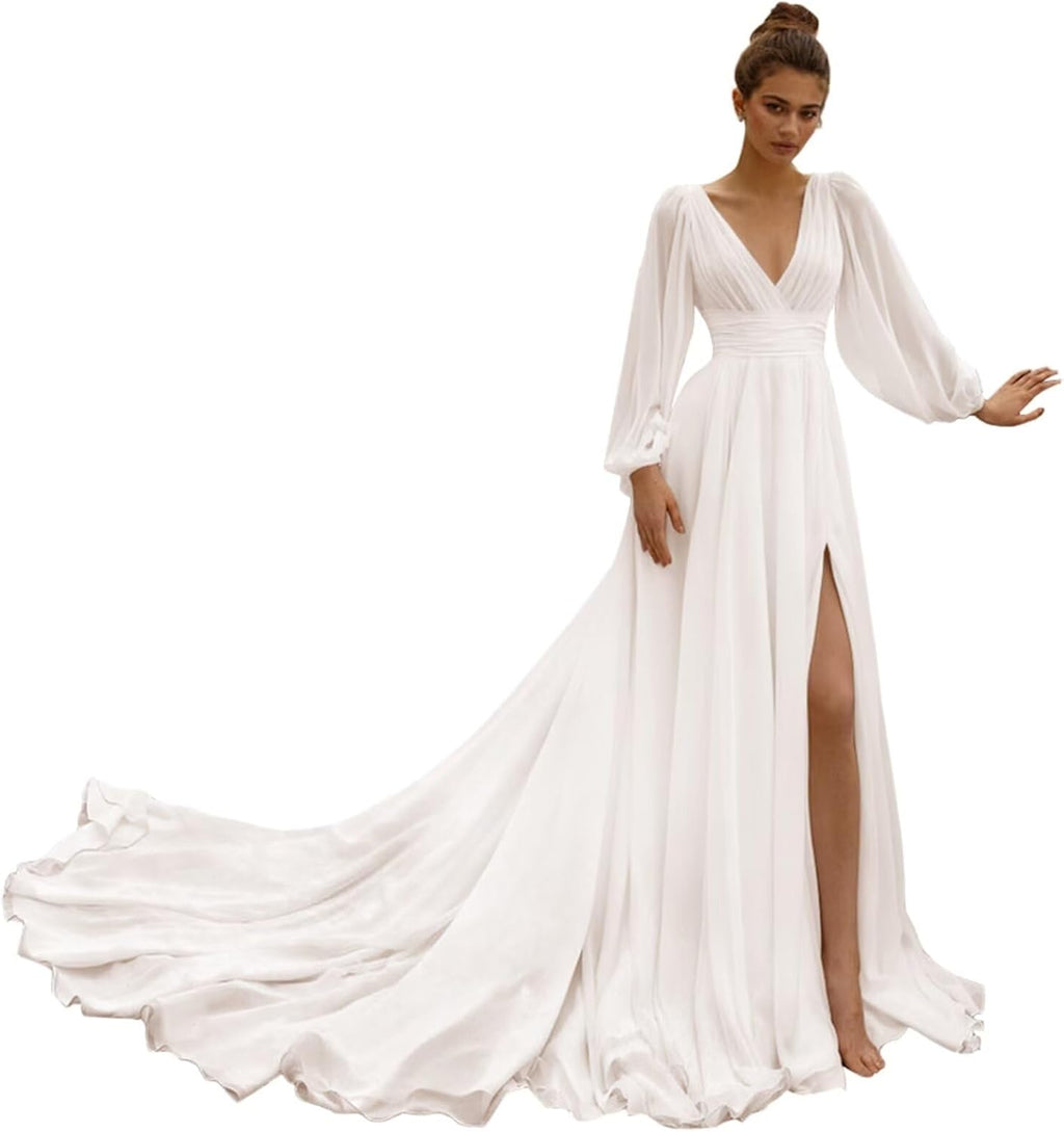 Lace Wedding Dresses for Bride Mermaid V Neck Boho Beach Bridal Gowns with Train BOF30
