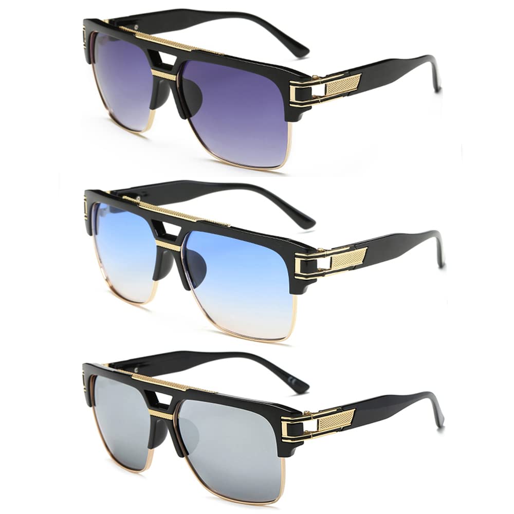 Dollger Square Sunglasses for Men Classic Oversized Sun Glasses Retro Semi Rimless Gold Alloy Frame UV400