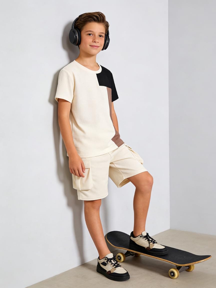 Azmxynol Tween Boys Clothes Daily Casual Short Sleeve Top + Cargo Shorts 2 Pieces Outfit Set, Size 6-14 Years