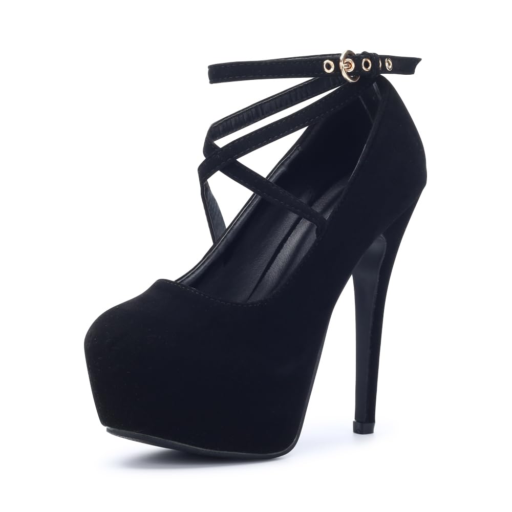 OCHENTA Women's Ankle Strap Platform Pumps, High Heel Dress Shoes, Cross Strap Stiletto Heels for Party, Prom, Wedding, Evening 5.5Inch