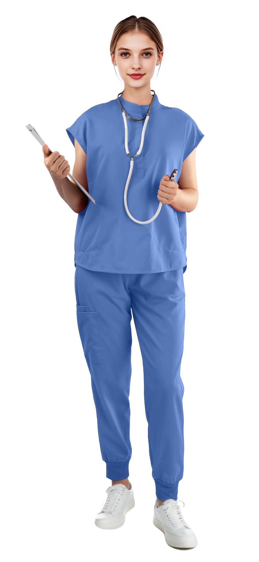 Scrubs for Women Set - Sleeveless Stand-Up Collar Scrub Top and Tapered Jogger Pants, 8-Pocket Work Uniform