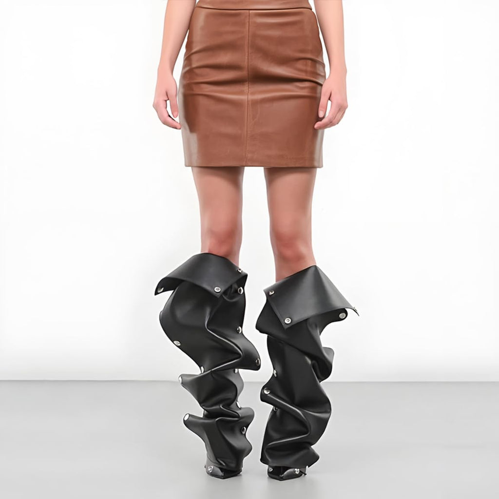 Women's Knee High Shark Boots Pointed Toe High Heels Ruched Stiletto Slouchy Party Boots Detachable Snap-off Panel