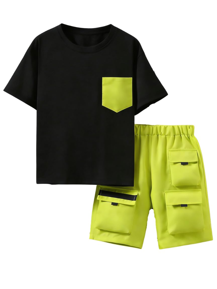 Azmxynol Tween Boys Clothes Daily Casual Short Sleeve Top + Cargo Shorts 2 Pieces Outfit Set, Size 6-14 Years