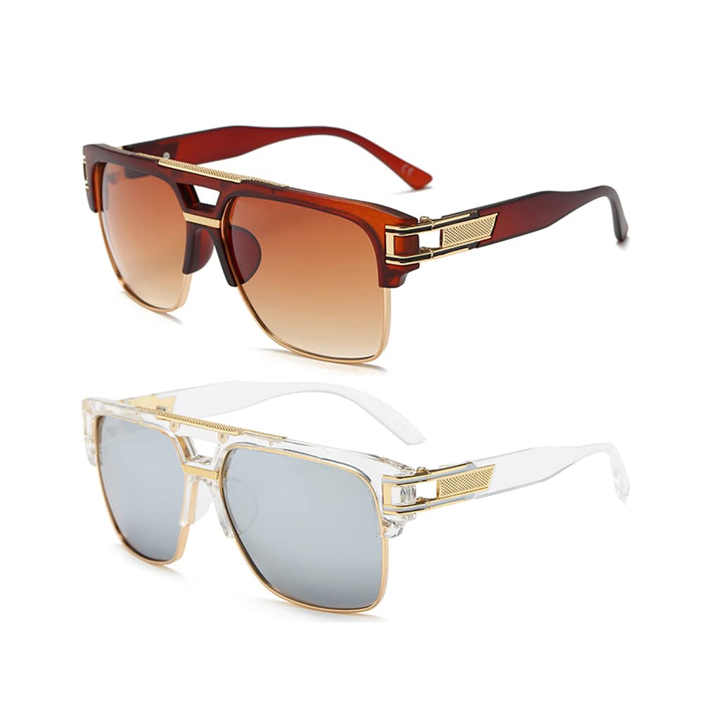 Dollger Square Sunglasses for Men Classic Oversized Sun Glasses Retro Semi Rimless Gold Alloy Frame UV400