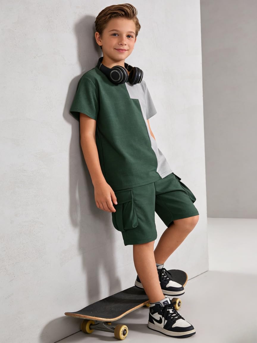 Azmxynol Tween Boys Clothes Daily Casual Short Sleeve Top + Cargo Shorts 2 Pieces Outfit Set, Size 6-14 Years